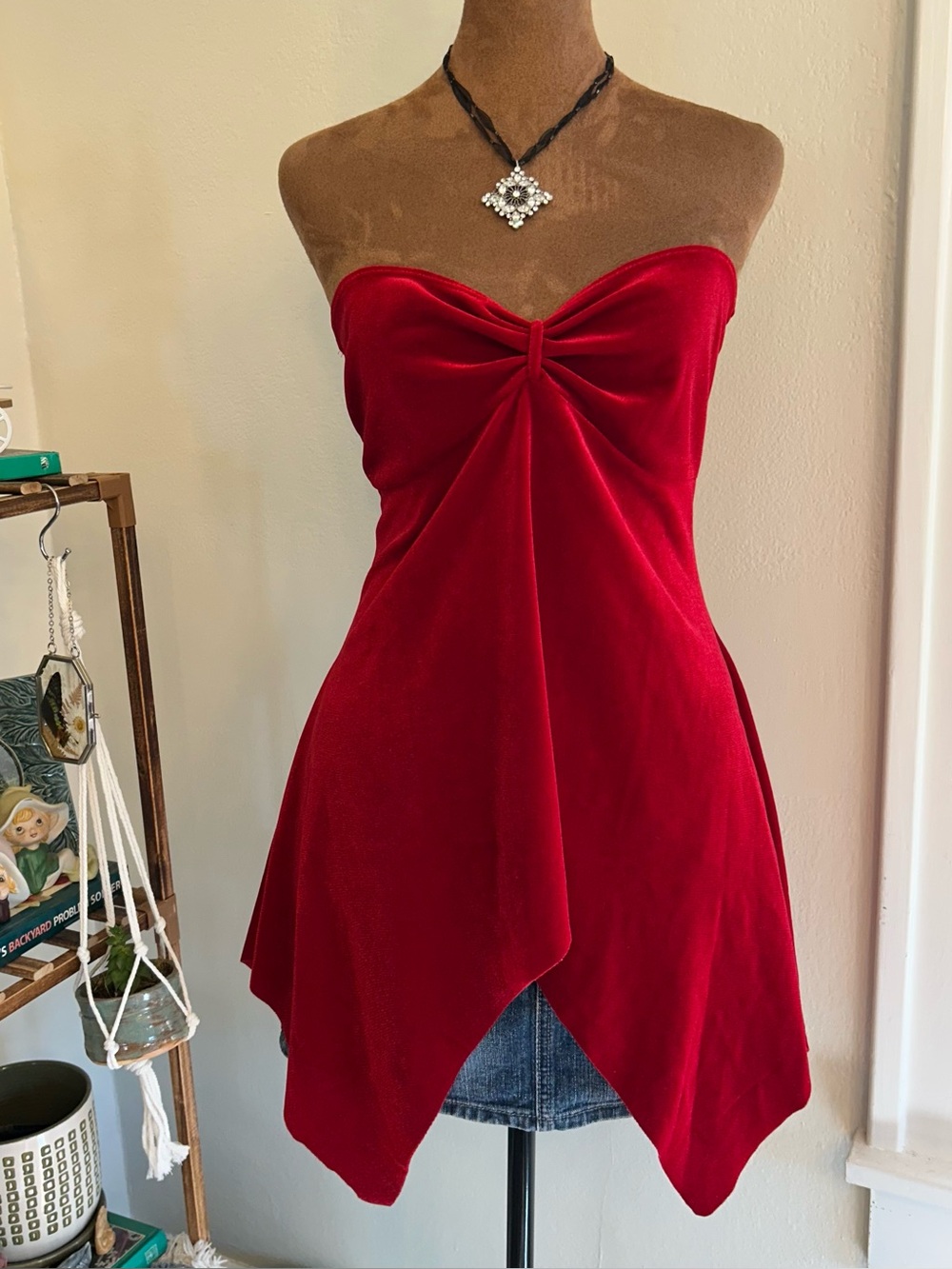 Vintage 90s Red Velvet Asymmetrical Hem Ruched Bust Strapless Tube Top by Beware